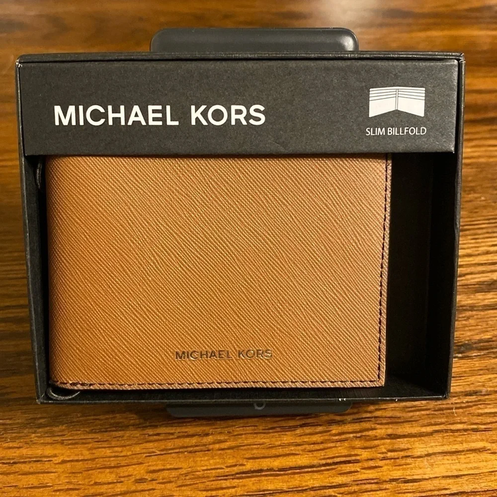 Michael Kors Men's Andy Slim Billfold Wallet Luggage Tan Leather NIB MSRP $98